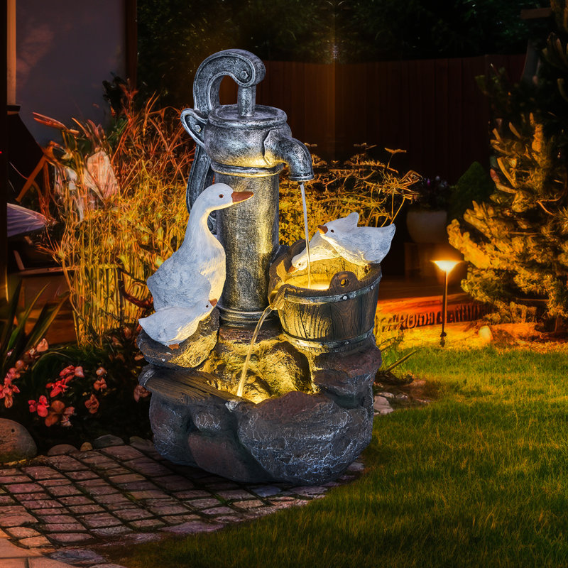 23.62"H Resin LED Fountain With Gooses Statue