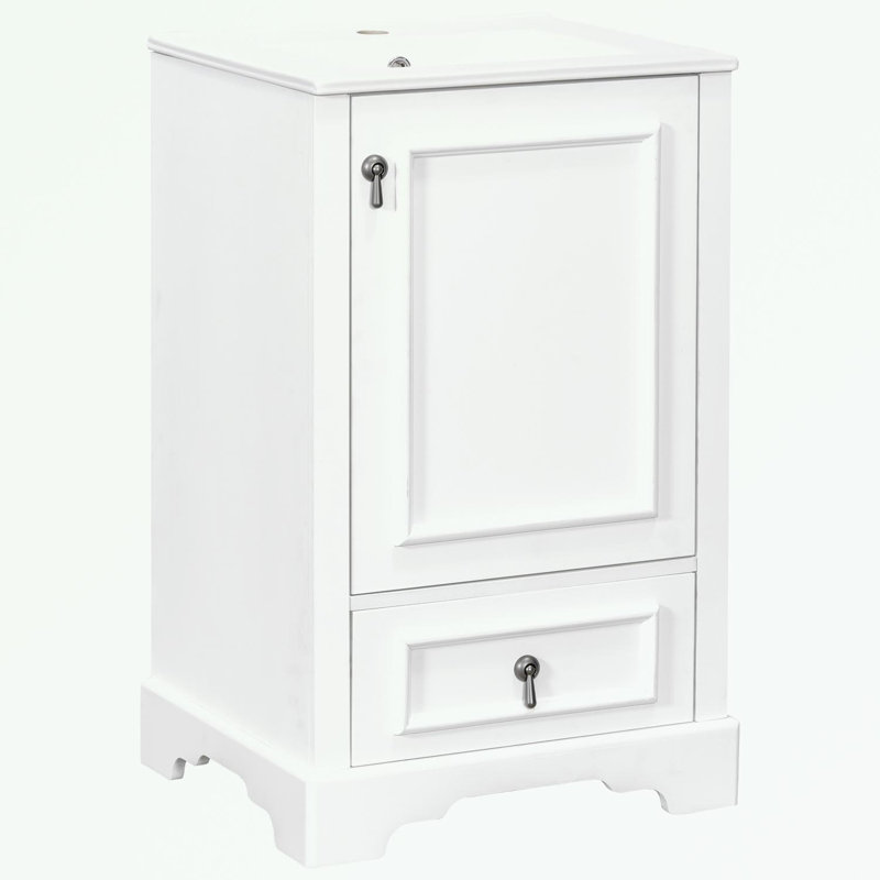 Meuble-lavabo de salle de bain avec lavabo en céramique, tiroir à compartiments et support de porte, Blanc