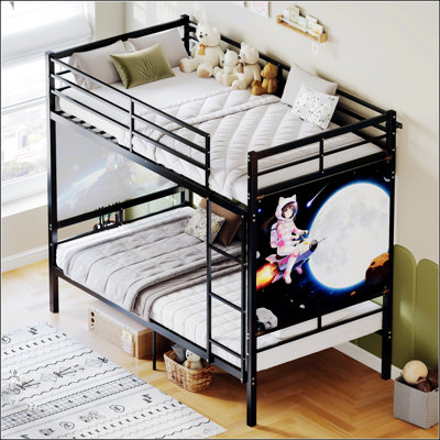 Twin Over Twin Metal Bunk Bed with Ladder, High Guardrail, Split Option, Storage Space, Noise-Free Design, Black