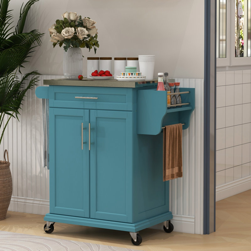 Kitchen Island On Wheels, Rolling Kitchen Cart With Stainless Steel Countertop, Drawer, Towel Rack And Spice Rack, Utility Storage Trolley