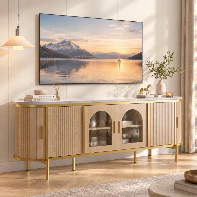 70" Mid-Century Modern TV Stand for TVs up to 75",Japandi Fluted Media Console with Reeded Glass Sliding Doors and Adjustable Shelves, Oak Sideboard with Metal Legs