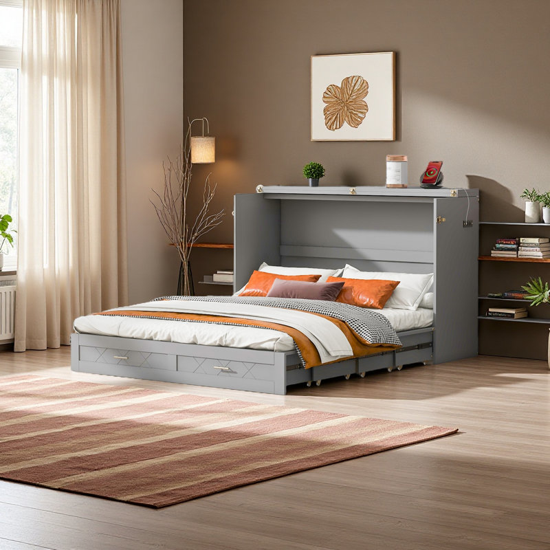 Lit escamotable Murphy avec tiroir et ensemble de prises et ports USB, structure à poulie, Grand lit, Gris