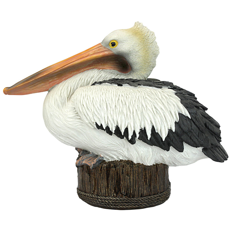 Naturalistic Hand-Painted Resin Pelican Statue on Aged Dock Post