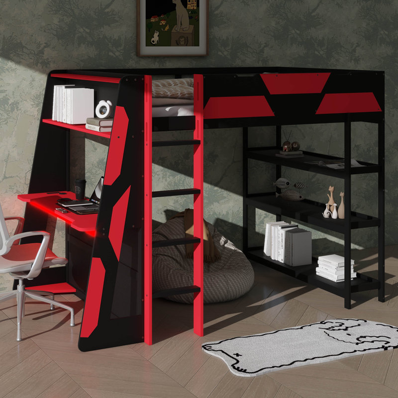 Lit mezzanine double pour jouer avec bureau, tablettes et lumières intégrées, Black/Red