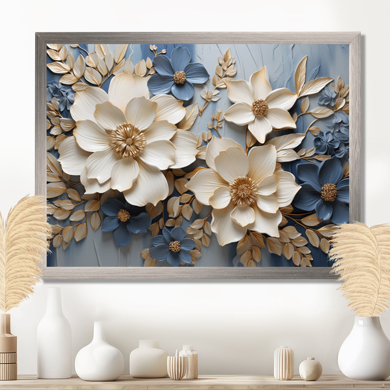 Composition de fleurs saisonnières beige et bleu - Fleurs saisonnières, H 16 po x l 32 po x P 1 po, Encadrement argenté