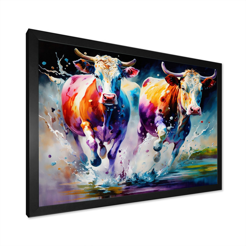 «Cows Runing II», reproduction sur toile, L 20 po x H 12 po, Impression noire sur toile encadrée