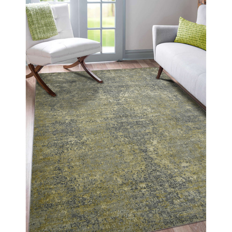 Mystique Lucci Hand-Knotted Wool/Silk Area Rug in Gold/Gray, Rectangle 8' x 10'