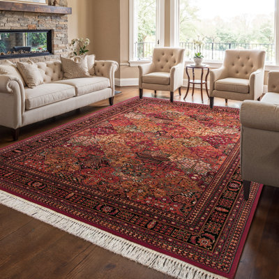 Doughman Oriental Floral Antique Red Fringed High Detail Wool Area Rug