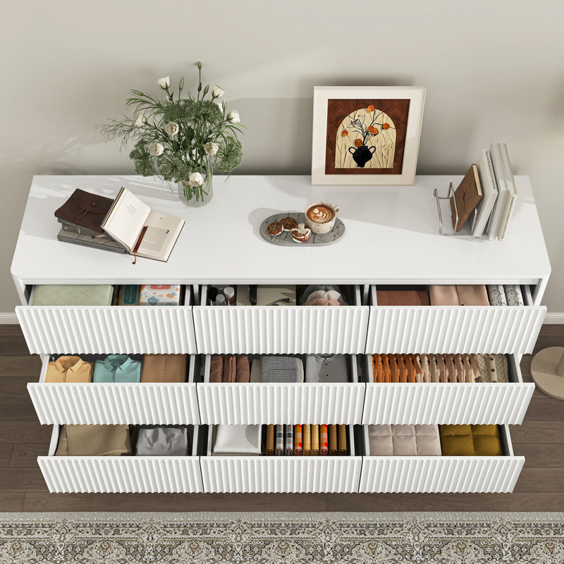 Commode 9 tiroirs pour chambre à coucher avec grands tiroirs, commode en bois, grande commode de plancher, long meuble télé moderne, table d'appoint avec rangement Mid-Century, blanc