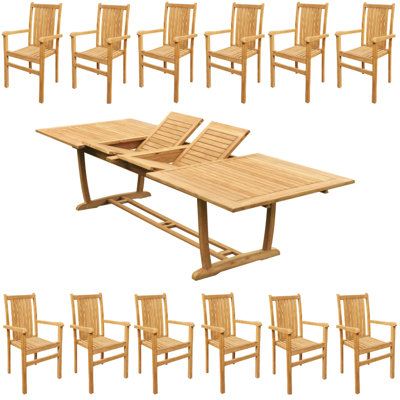 11 Pcs Grade-A Teak Wood Dining Set: 118" Double Extension Mas Rectangle Trestle Leg Table  Angarano Stacking Arm Chairs #11CH2510