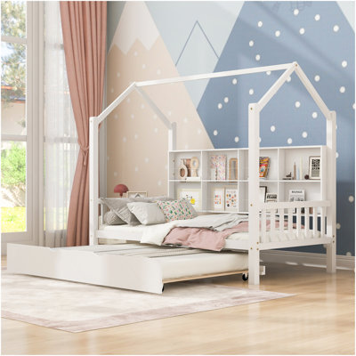 Lit simple en bois avec lit gigogne en bois, lit pour enfant avec tablette, blanc