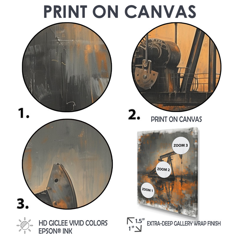 «Grey Orange Winter Oil Fields Powing Iron» - Reproduction d'art mural, Toile avec cadre flottant or