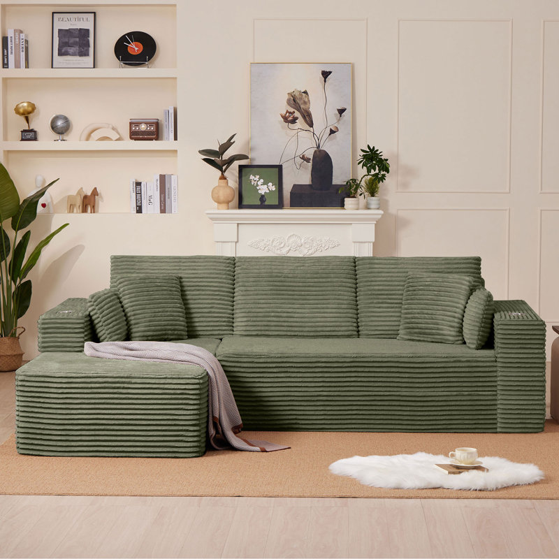 102.76" Corduroy Cloudy L Shaped Sofa with Chaise, Green