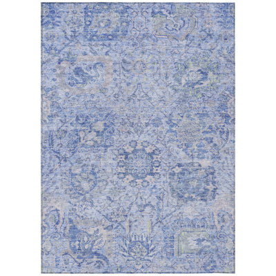 10' X 14' Sky Blue Ivory And Gray Damask Washable Indoor Outdoor Area Rug