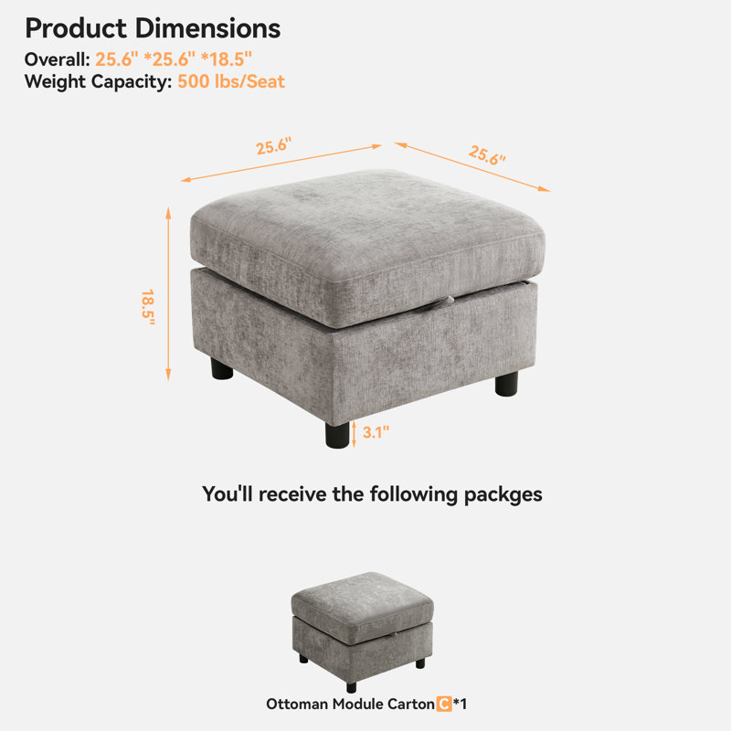 25.6” Wide Square Storage Ottoman Module For Modular Sectional Sofa, Chenille, Light Gray Chenille