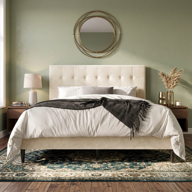 Lit plateforme tapissier Yerington, Beige, Très grand