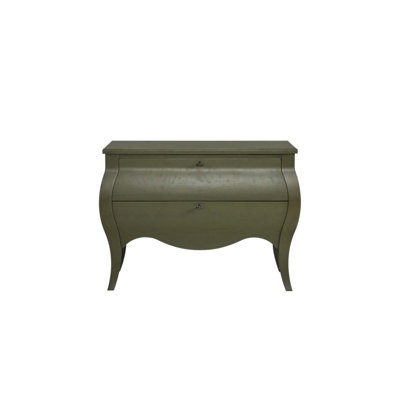 Élégant coffre Bombe à finition pistache avec tiroirs spacieux, parfait pour un rangement intemporel et fonctionnel dans n'importe quelle pièce.