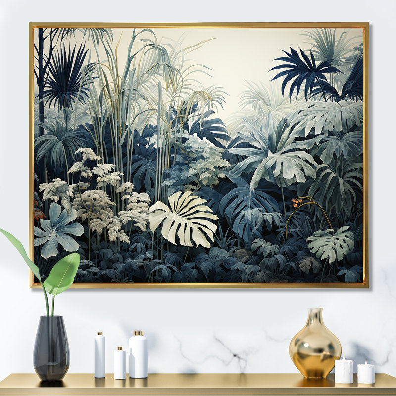 Décoration murale jungle blanche et bleue - Forêt, Cadre flottant doré, H 30 po x l 40 po x P 1,5 po