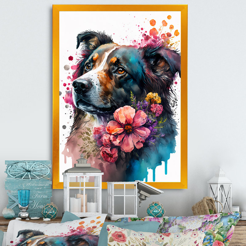 «Cute Dog Floralii», cadre photo unique, impression sur toile, H 32 po x l 16 po x P 1 po, Or