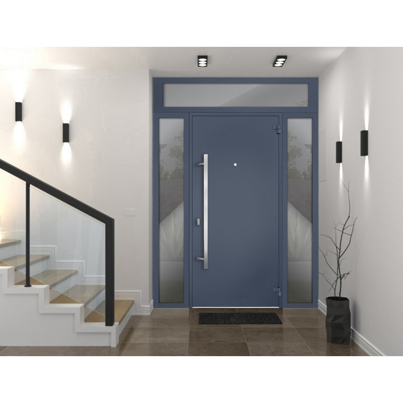 Porte avant en acier pré-suspendue à l'avant / deux graphite gris 0729/2 fenêtres extérieures latérales et supérieures / inserts en acier inoxydable peints simples modernes - l 12 + 36 + 12 po x H 80 + 16 po - Gauche