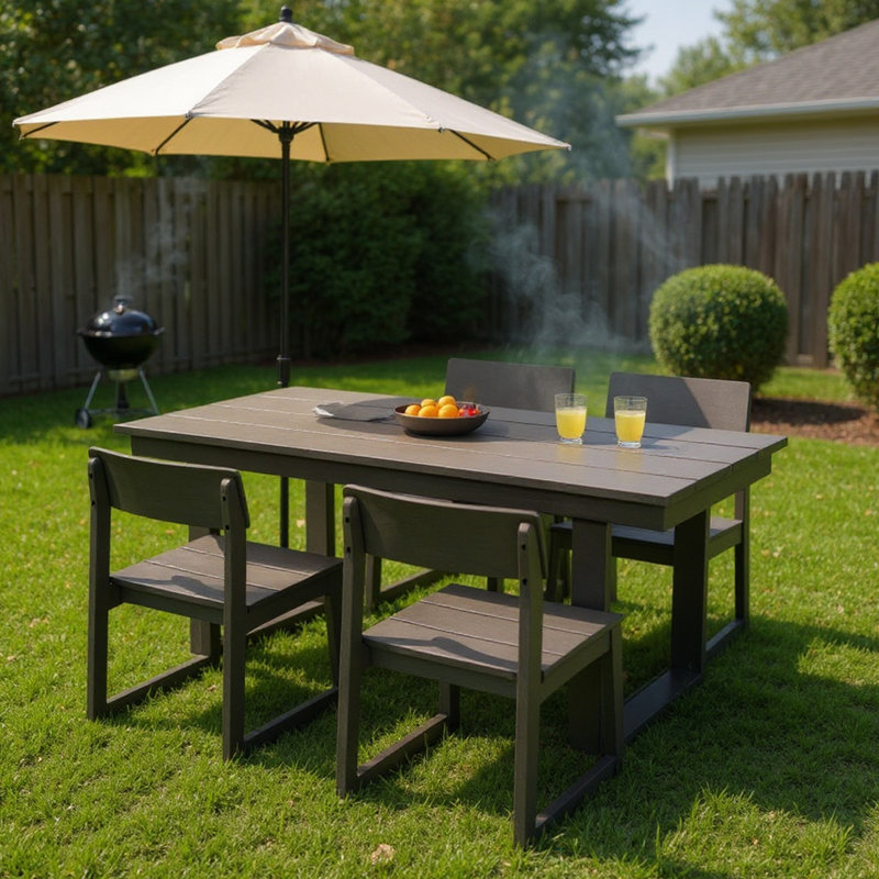 All - Weather 5 Piece Outdoor Patio Dining Featuring 69'' Rectangular Table, 4 Chairs And Umbrella Hole For Poolside, Garden, Patio, Backyard Gray, Low Maintenance With Backyard, Poolside