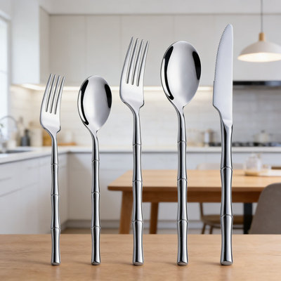 20 Piece Premium 304 Stainless Steel Flatware Set With Bamboo Joint Handle, Steak Knife Fork Spoon Cutlery For Fine Dining And Restaurant Use