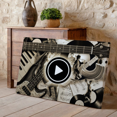 Canvas A Dynamic Collage Of Musical Elements Featuring A Close Up Wall Art Of A Bass Guitar With Intricate Strings And Frets Layered Canvas Wall Art