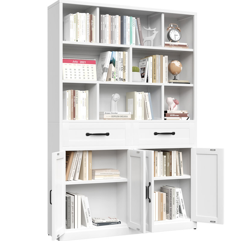 Bibliothèque de 71 po en métal avec 2 portes et 2 tiroirs, armoire de rangement haute avec tablettes ouvertes fixes pour bureau à domicile, salon, bibliothèque moderne