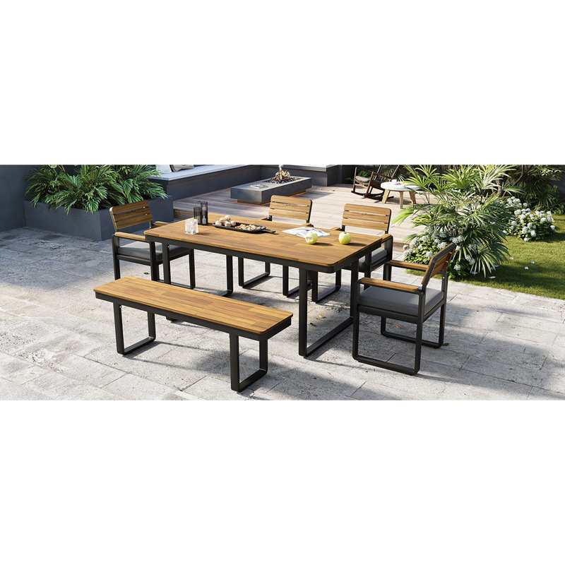 Ensemble de salle à manger 6 pièces en bois d'acacia, 1 table avec 4 chaises et 1 banc, Gris
