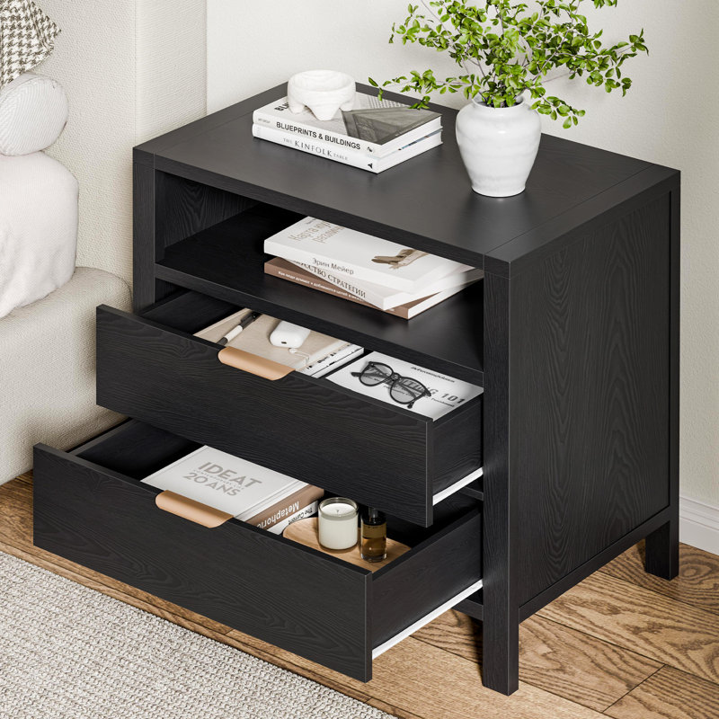 Table de chevet 2 tiroirs avec tablette Avelyn, Noir, H 26,38 po x l 27,95 po x P 17,32 po, 1