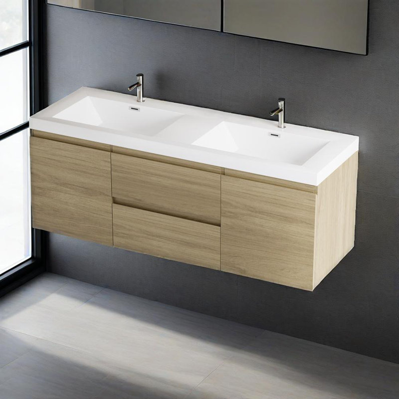 Meuble-lavabo flottant 60 po avec lavabo double, meuble-lavabo mural moderne avec lavabo double en résine, deux portes et deux tiroirs à fermeture en douceur