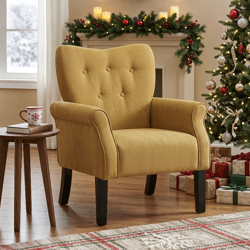 Fauteuil capitonné en lin et coton de 27,5 po de style Mid-Century avec support à ressorts, Jaune