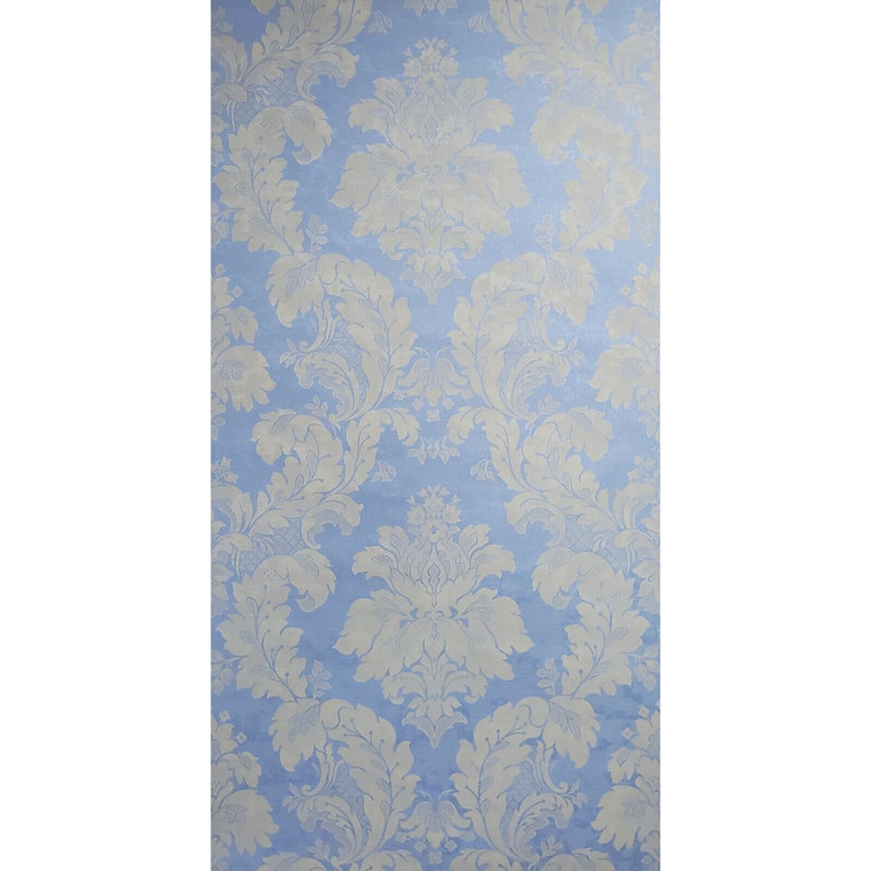 Rouleau de papier peint métallique damassé victorienne, Bleu bébé / beige métallique