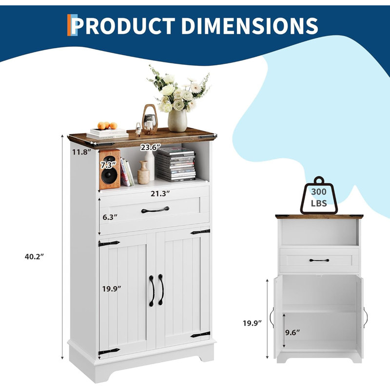 Farmhouse Storage Cabinet with Doors and Drawers, White Freestanding Accent Cabinet for Bathroom, Kitchen, Living Room, or Bedroom, Rustic Sideboard Buffet Cabinet with Adjustable Shelf