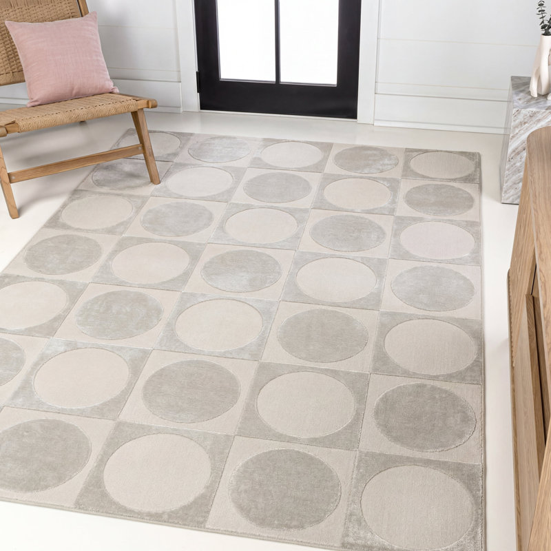 Makhia Modern Geometric Circles In Squares High-Low White/Cream Rug, Rectangle 3'11" x 6'