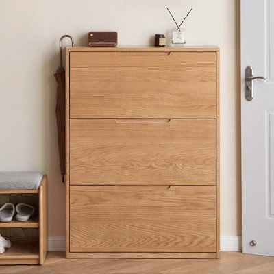 7.8"D Slim Solid Oak Shoe Cabinet with 3 Flip Drawers