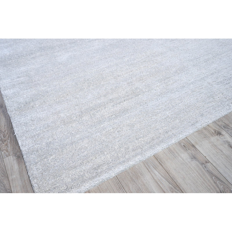 Rectangle Plush Solid Color Hand-Knotted Flatweave Wool Area Rug in Chrome, Rectangle 10' x 14'
