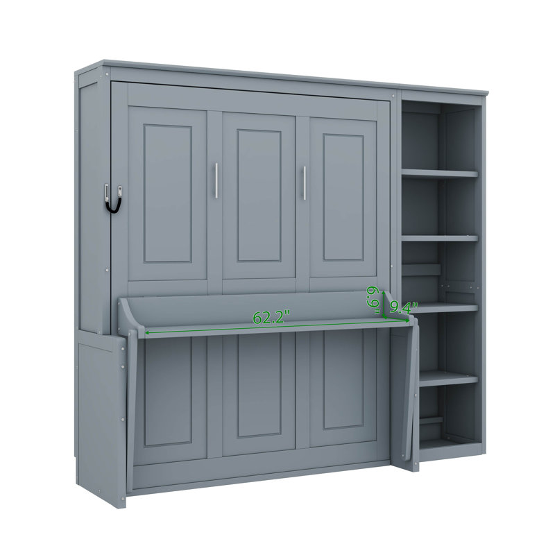 Lit escamotable avec bureau intégré et bibliothèque intégrée, gris, Grand