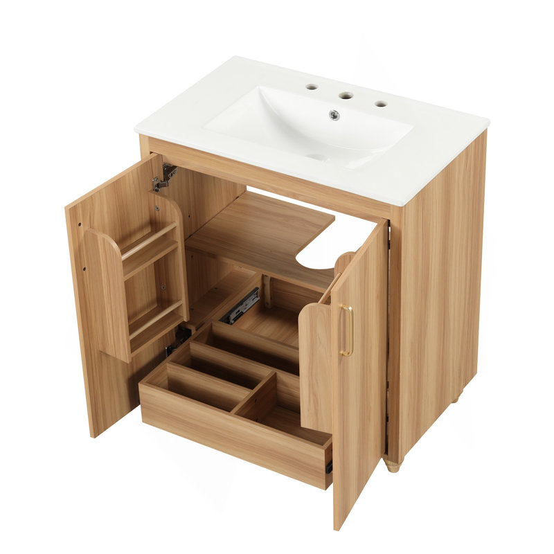 Ensemble de meuble-lavabo 30 po avec lavabo, armoire de salle de bain multifonctionnelle avec portes et tiroir, panneau de fibres à densité moyenne, naturel