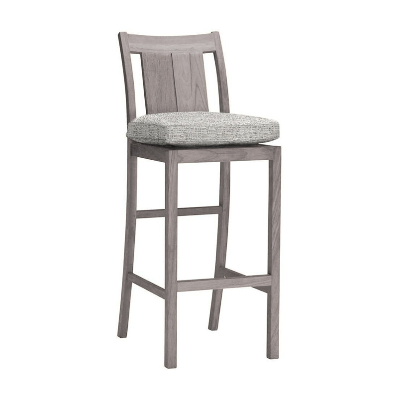 Croquet 30" Patio Bar Stool with Cushion, Oyster Teak, No Welt, Rollo Lace InsideOut® Linen