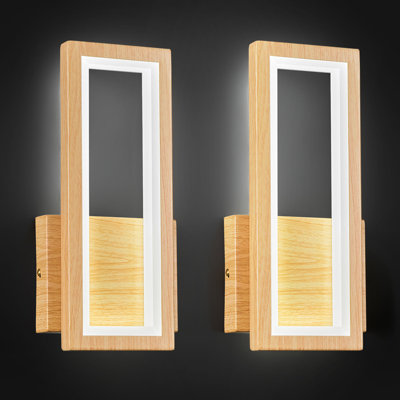Modern Wood Color Wall Sconce Set of Two 18W Indoor LED Wall Fixture 6000K Simple Rectangle Wall Lights for Living Room Bedroom Staircase Hallway