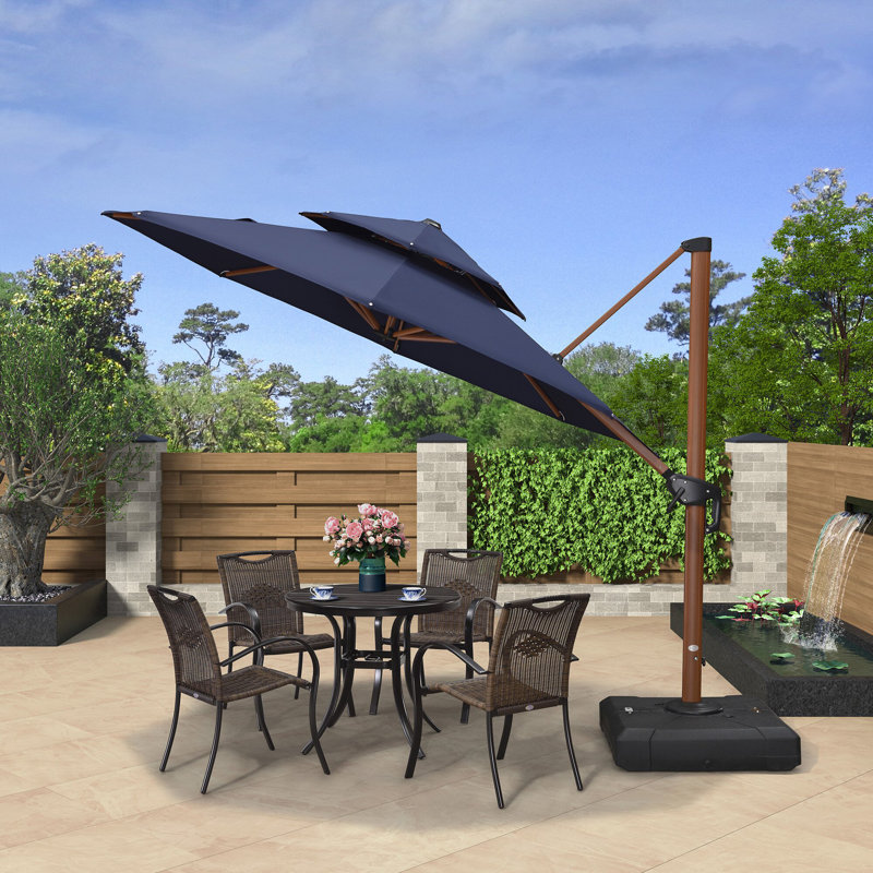 Parasol extérieur en porte-à-faux à double plateau rond en bois avec base 10 pi, bleu marine, Marine