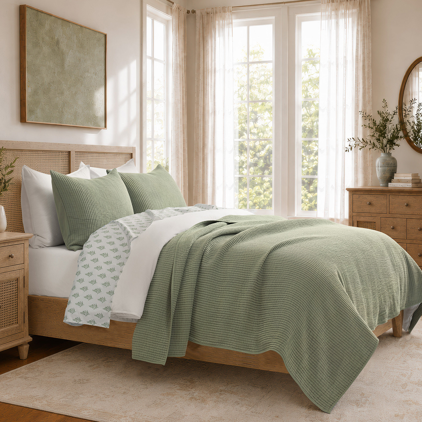 Ribbed Cotton Coverlet Set, Queen Quilt + 2 Shams, Dried Sage