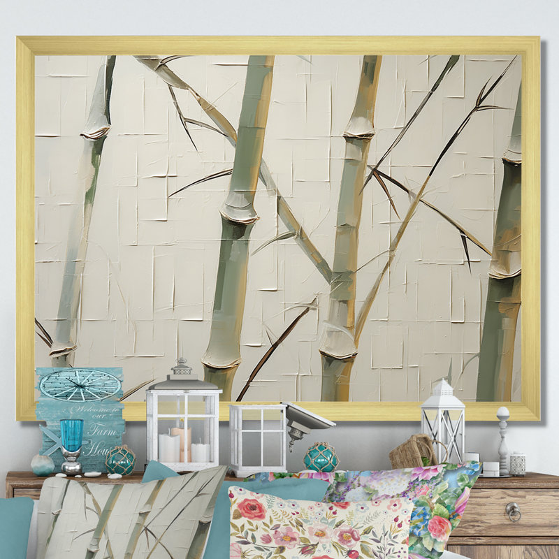 Vert et beige minimalisme bambou sérénité sur toile, H 16 po x l 32 po x P 1 po, Encadrement doré