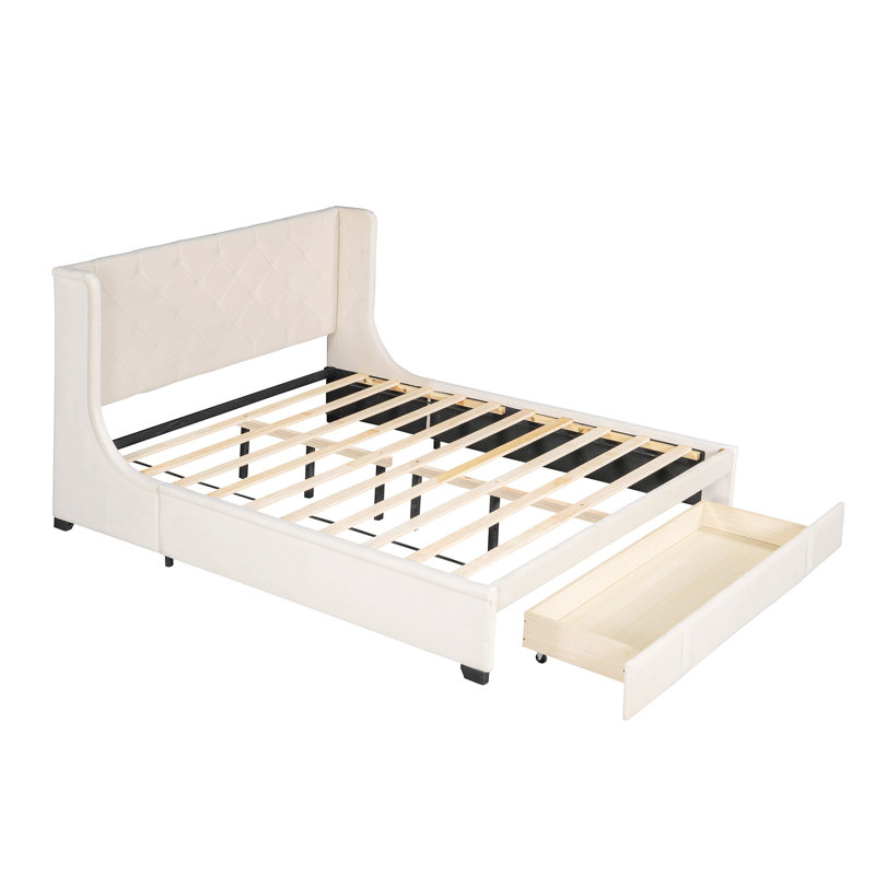 Darcy-Mae Upholstered Wingback Storage Bed, Beige