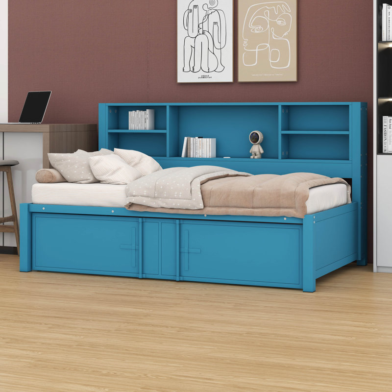 Lit de jour simple avec lit gigogne simple, lit de jour en métal avec tablettes de rangement et ports USB, Bleu
