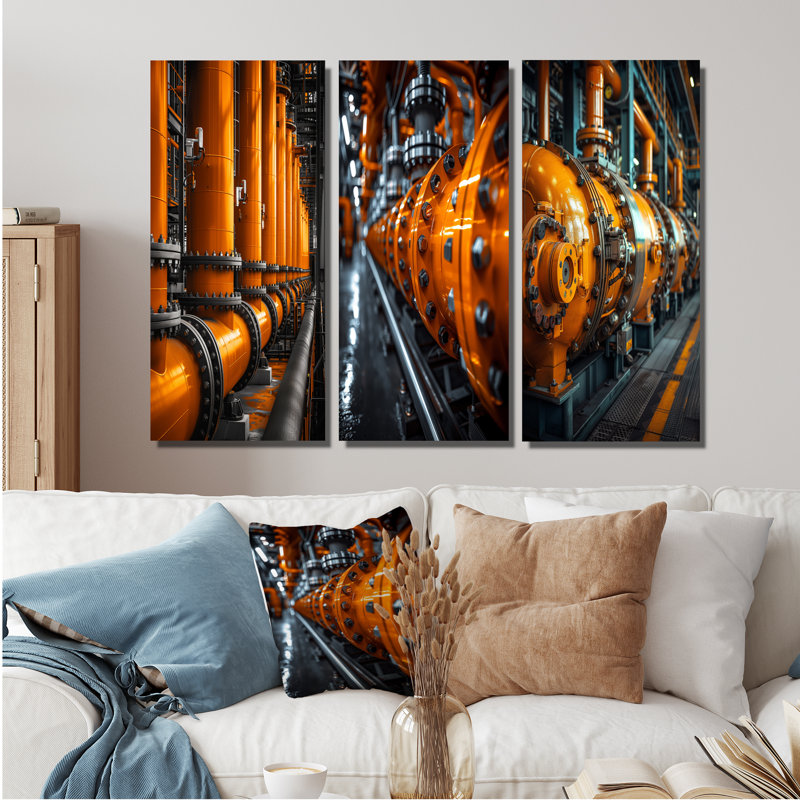 Orange Grey Powerhouse Pulse Power Plant I - Pink Industrial Large Wall Art Collection, Wrapped Canvas, 28" H x 36" W
