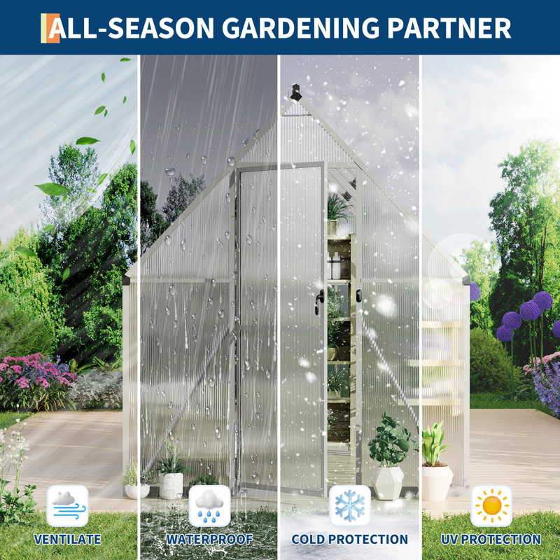 Serre en polycarbonate d'aluminium robuste de 6 pi x 9 pi - Portes doubles battantes, évent de toit, gouttière, résistant aux vents forts, installation rapide pour le jardin extérieur (argent)
