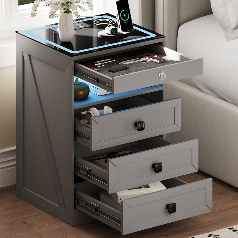 LED Nightstand with 3 Drawers, Glass Top, Wireless Charging & Sensor Light, Grey
