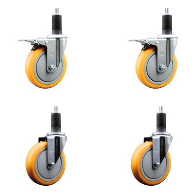5 Inch 316SS Yellow Poly Swivel 1-1/4 Inch Expanding Stem Caster Set 2 Lock Brake